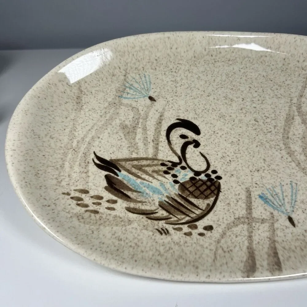 1 Vintage Red Wing Bob White Oval Platter Speckled Stoneware Quail 13.5 x 9